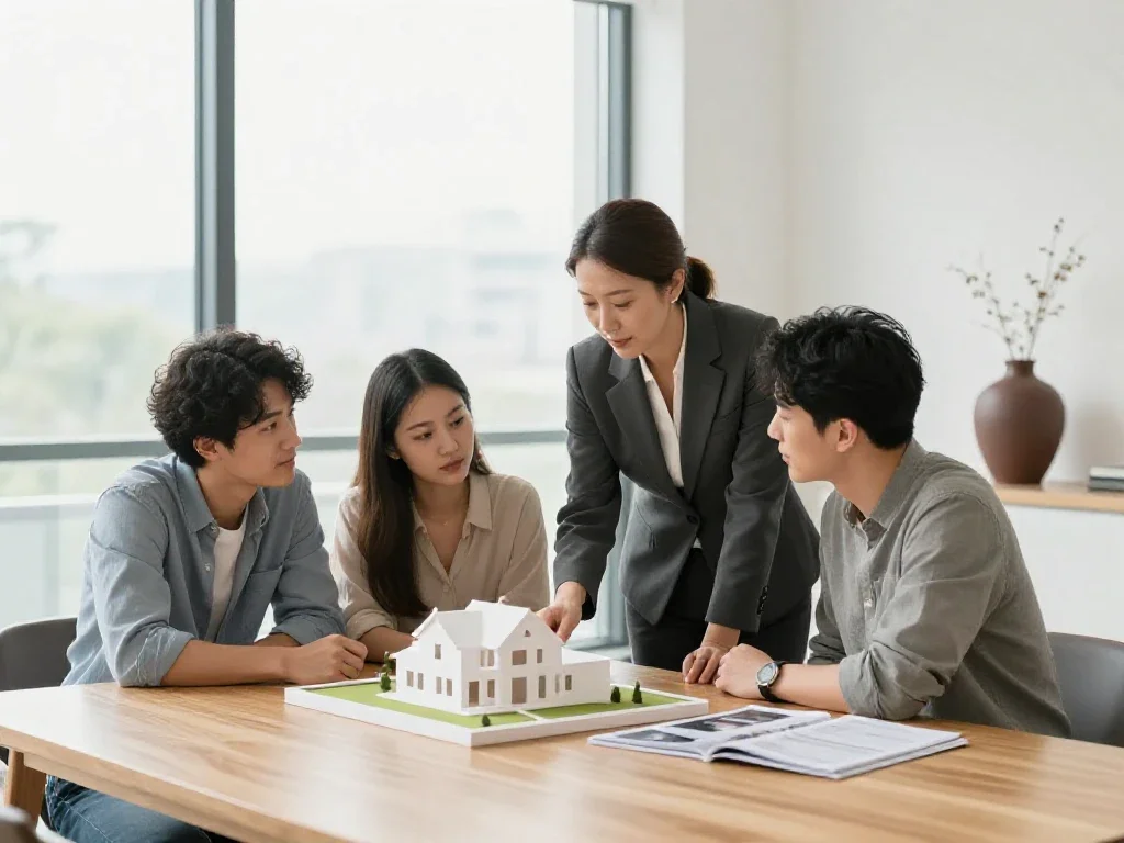 Asesora inmobiliaria y clientes revisando maqueta de vivienda en una oficina luminosa y moderna.