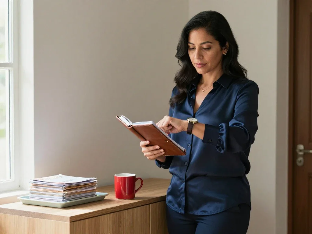 Mujer con agenda y taza de color en un recibidor revisando novedades de última hora.